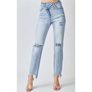Risen Asymetrical Distressed Straight Leg Stretch Jeans 3 Or 26/2